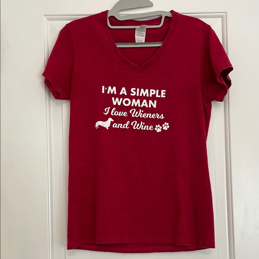 Funny wiener dog & wine shirt, red, size M